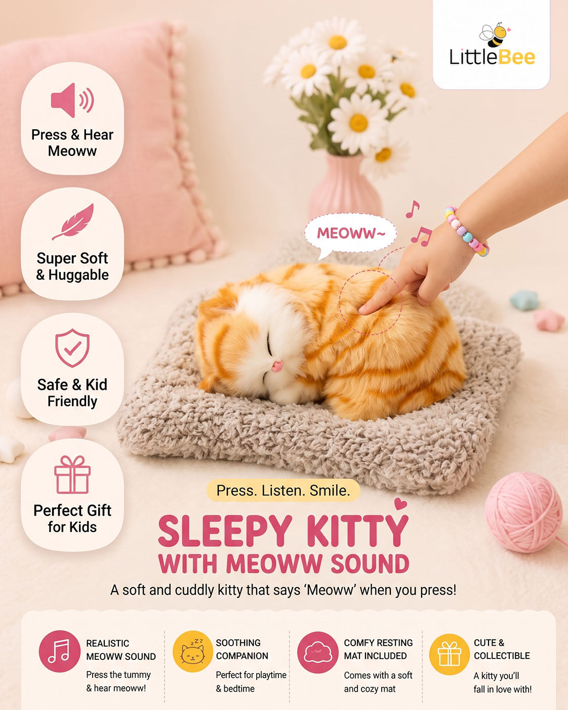 Sleepy Kitty Meow Plush Toy with Sound & Cozy Mat | LittleBee