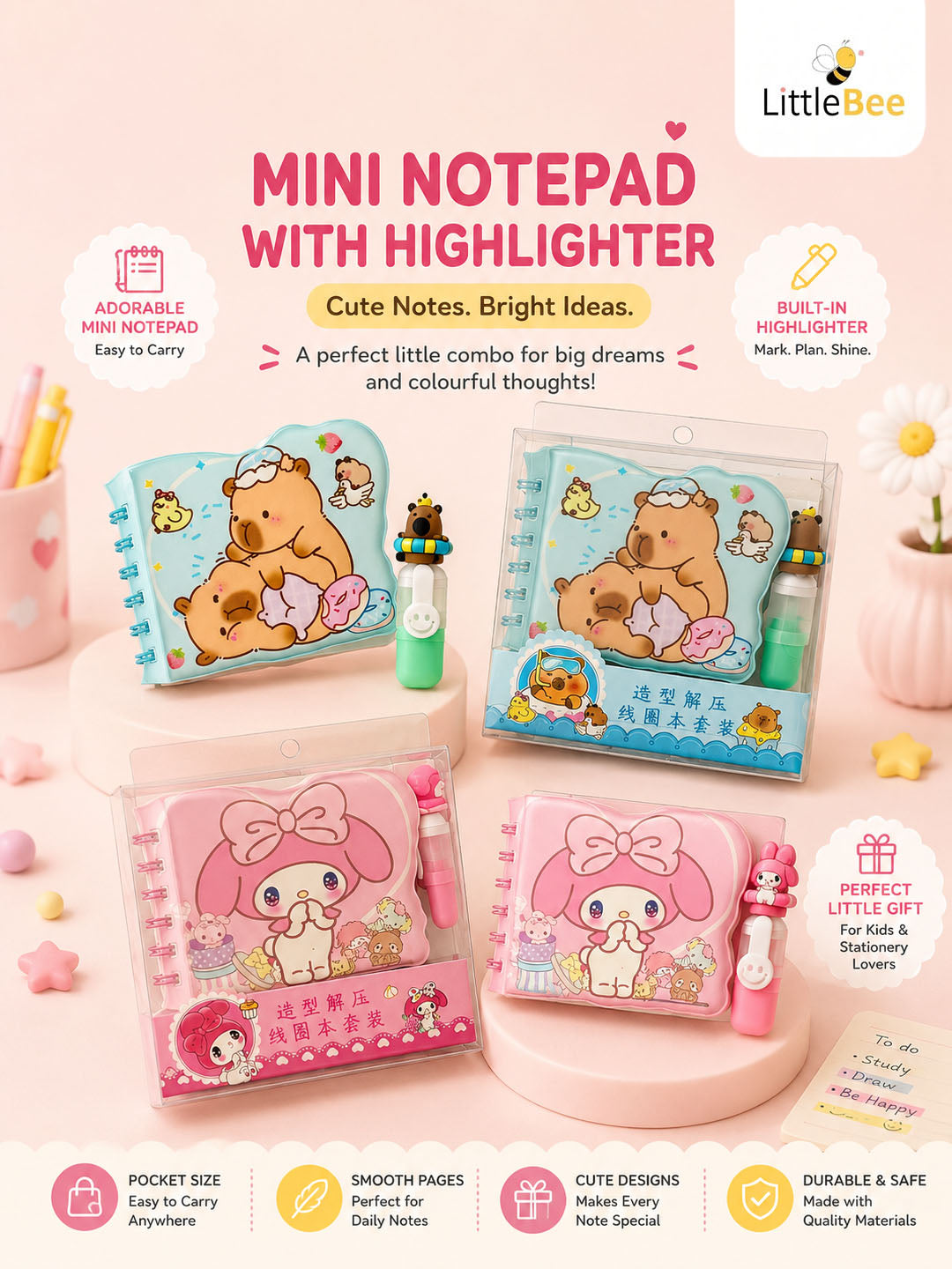 Kawaii Mini Notepad With Highlighter | LittleBee