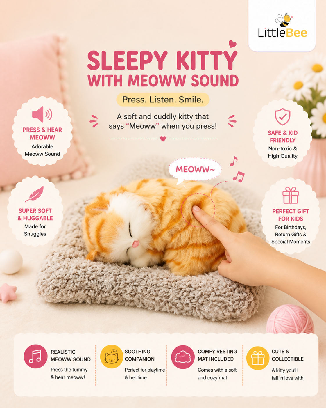 Sleepy Kitty Meow Plush Toy with Sound & Cozy Mat | LittleBee