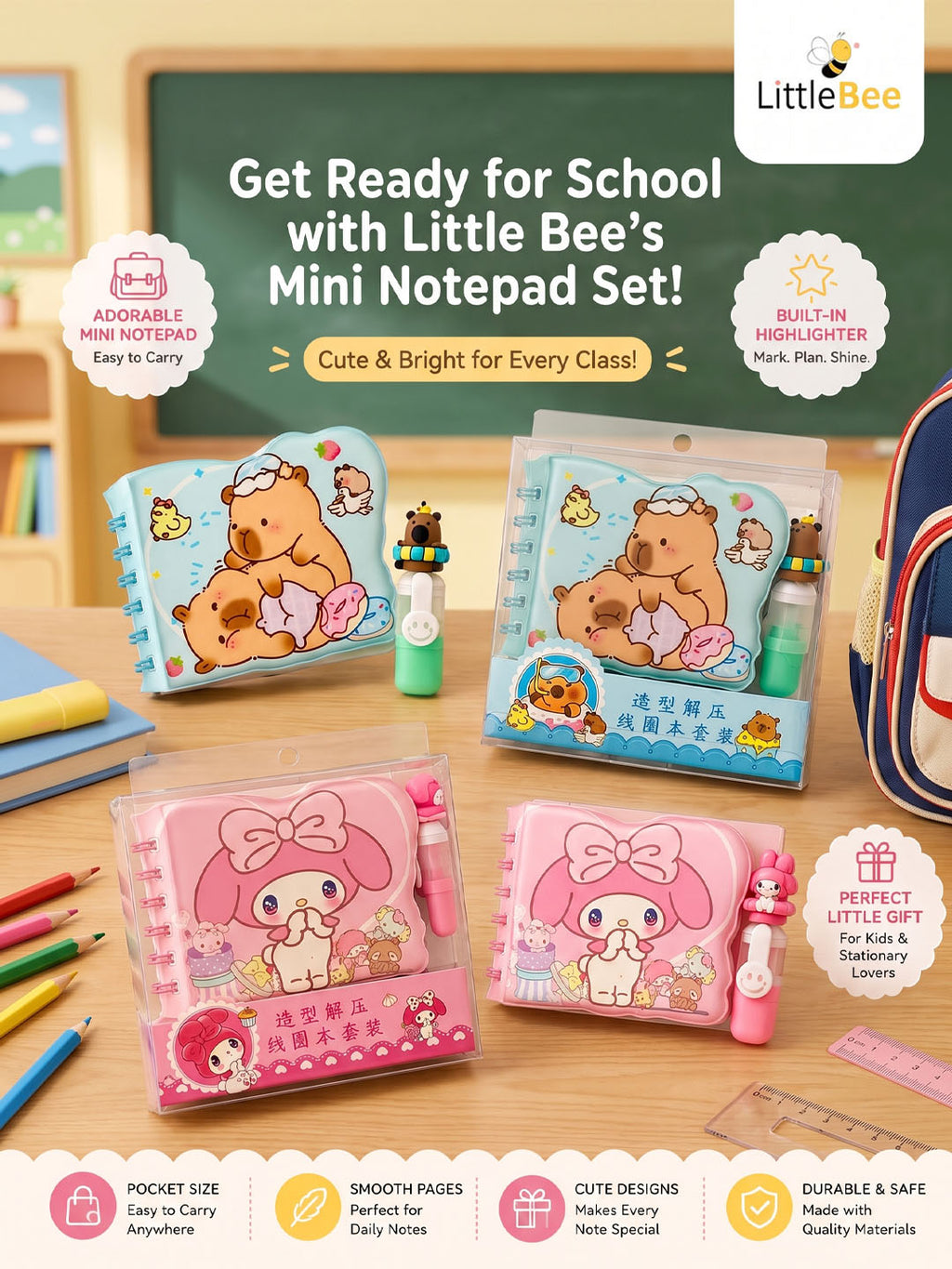 Kawaii Mini Notepad With Highlighter | LittleBee