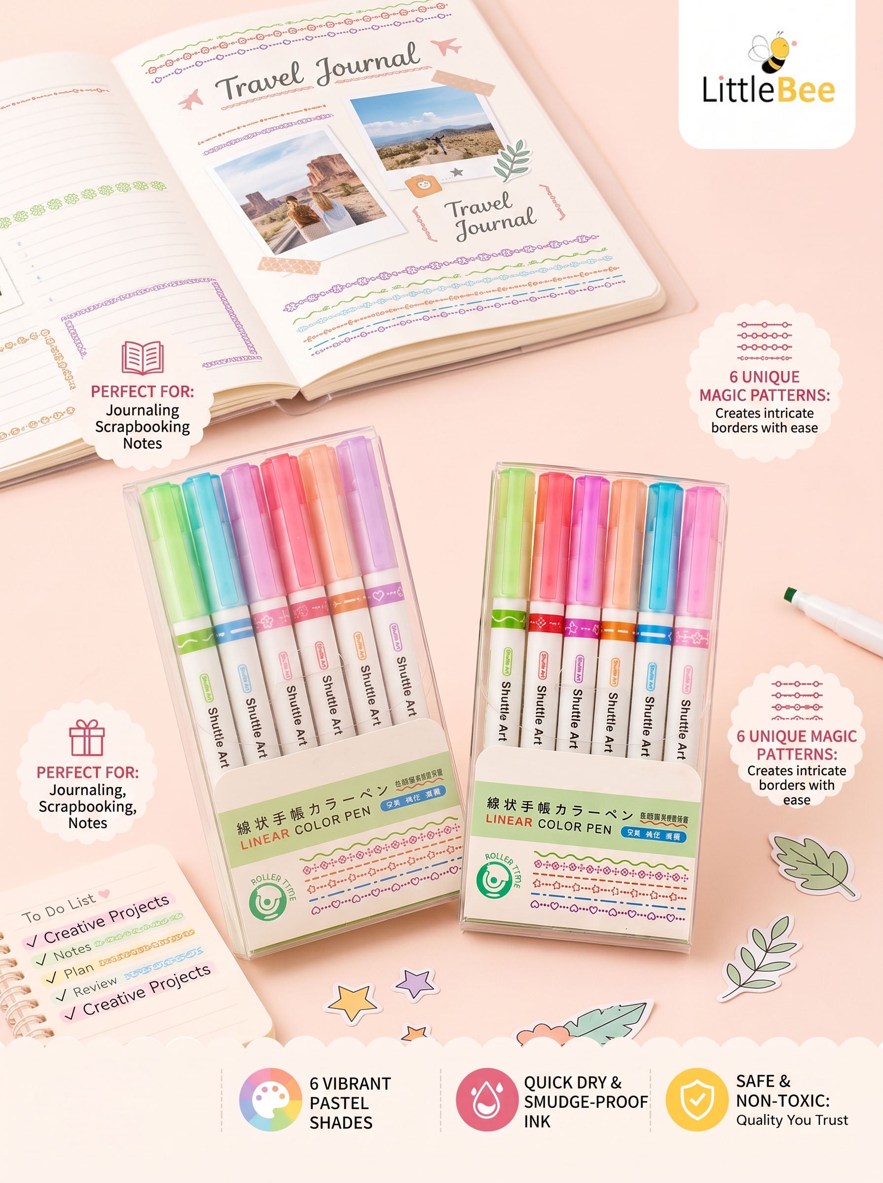 Shuttle Art Linear Roller Pen Set – 6 Pastel Magic Border Pattern Pens for Journaling, Scrapbooking, Planners & Creative Note Taking | LittleBee