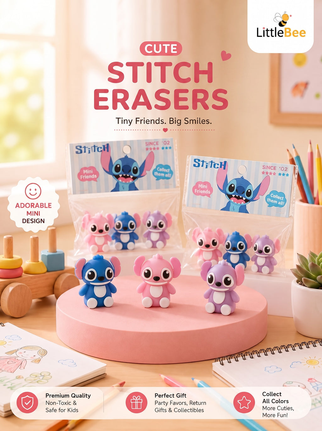 Stitch Erasers & Pencil Topper Set | LittleBee