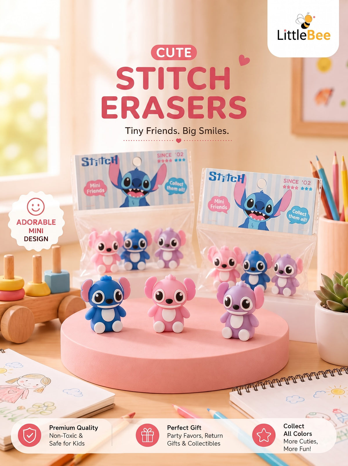Stitch Erasers & Pencil Topper Set | LittleBee