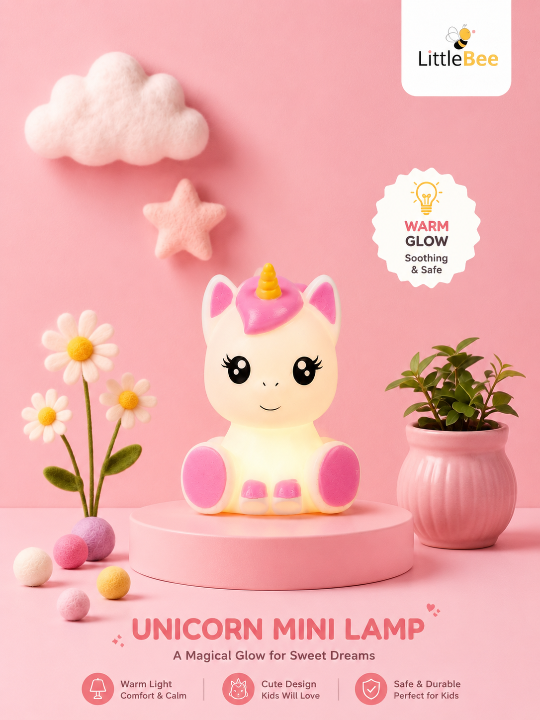Cute Unicorn  LED Night Lamp – Soft Warm Glow Mini Bedside Lamp | LittleBee