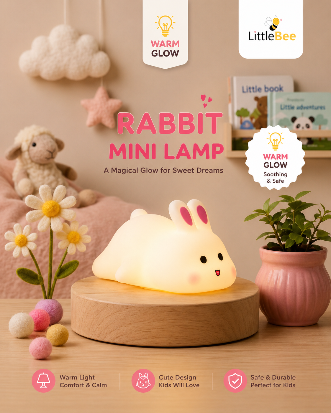 Cute Rabbit  LED Night Lamp – Soft Warm Glow Mini Bedside Lamp | LittleBee