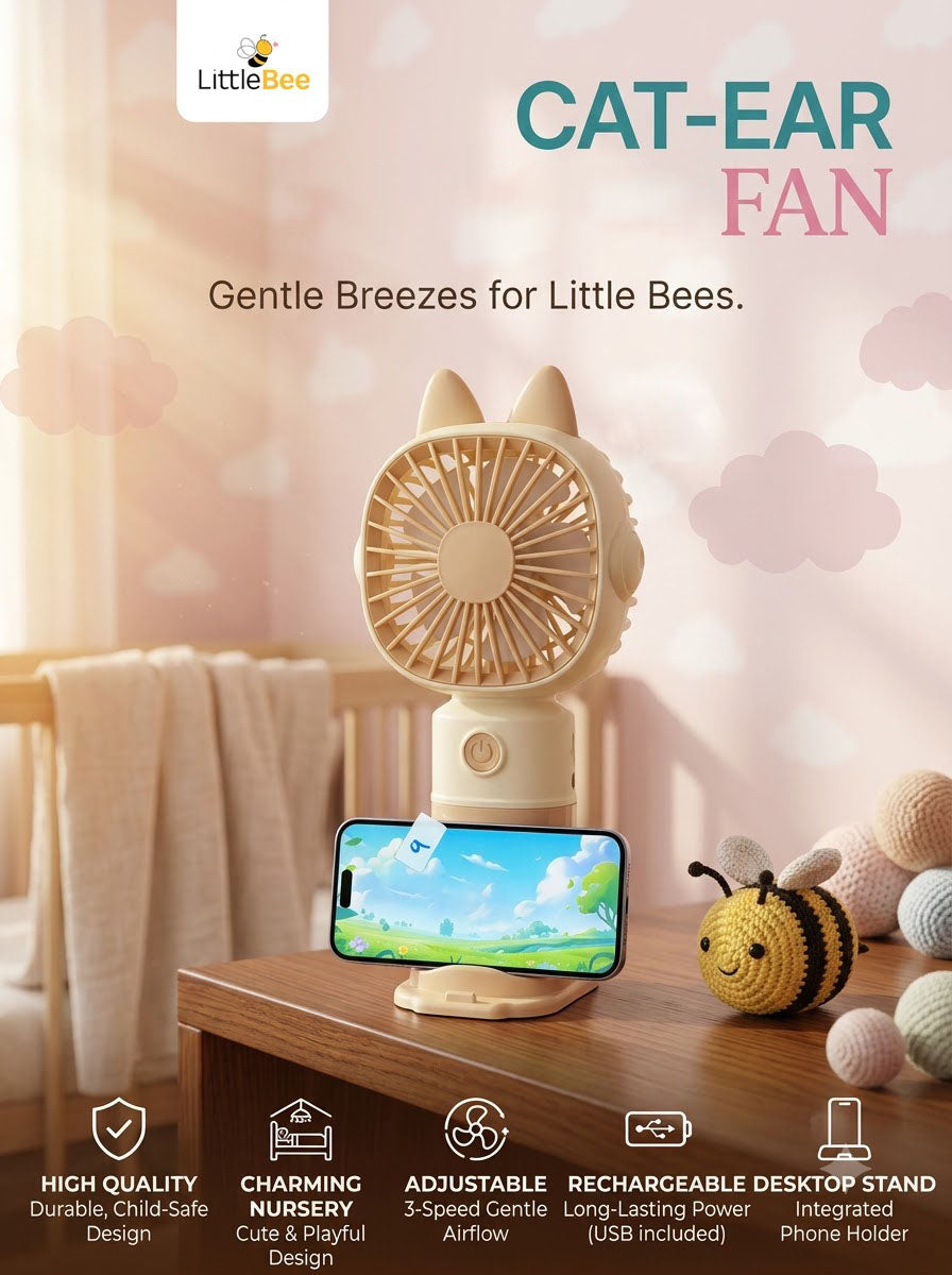 Cat Ear Rechargeable Mini Fan – Portable Handheld & Desktop USB Fan with Phone Stand | LittleBee