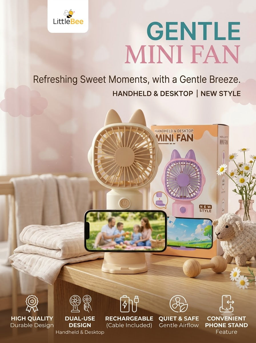 Cat Ear Rechargeable Mini Fan – Portable Handheld & Desktop USB Fan with Phone Stand | LittleBee