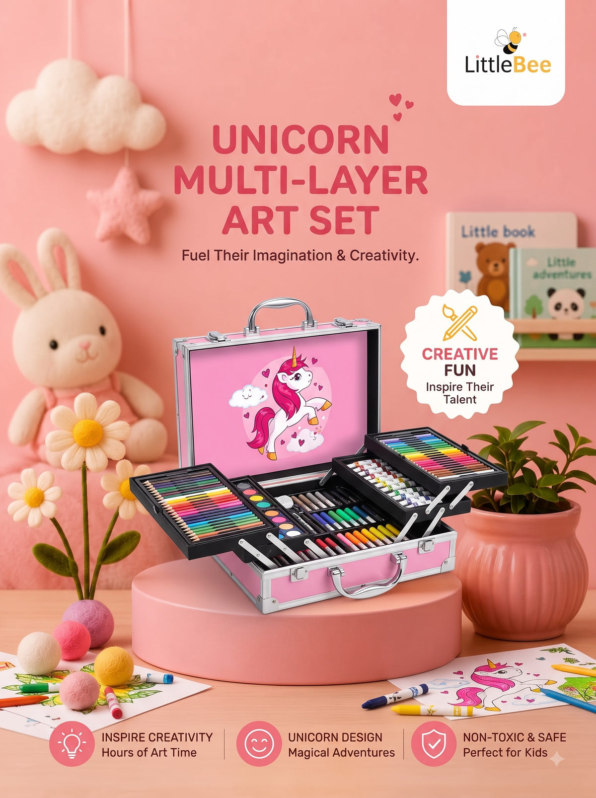 Unicorn Multi-Layer Art Set for Kids | Complete Drawing & Coloring Kit with Art Supplies | Littlebee