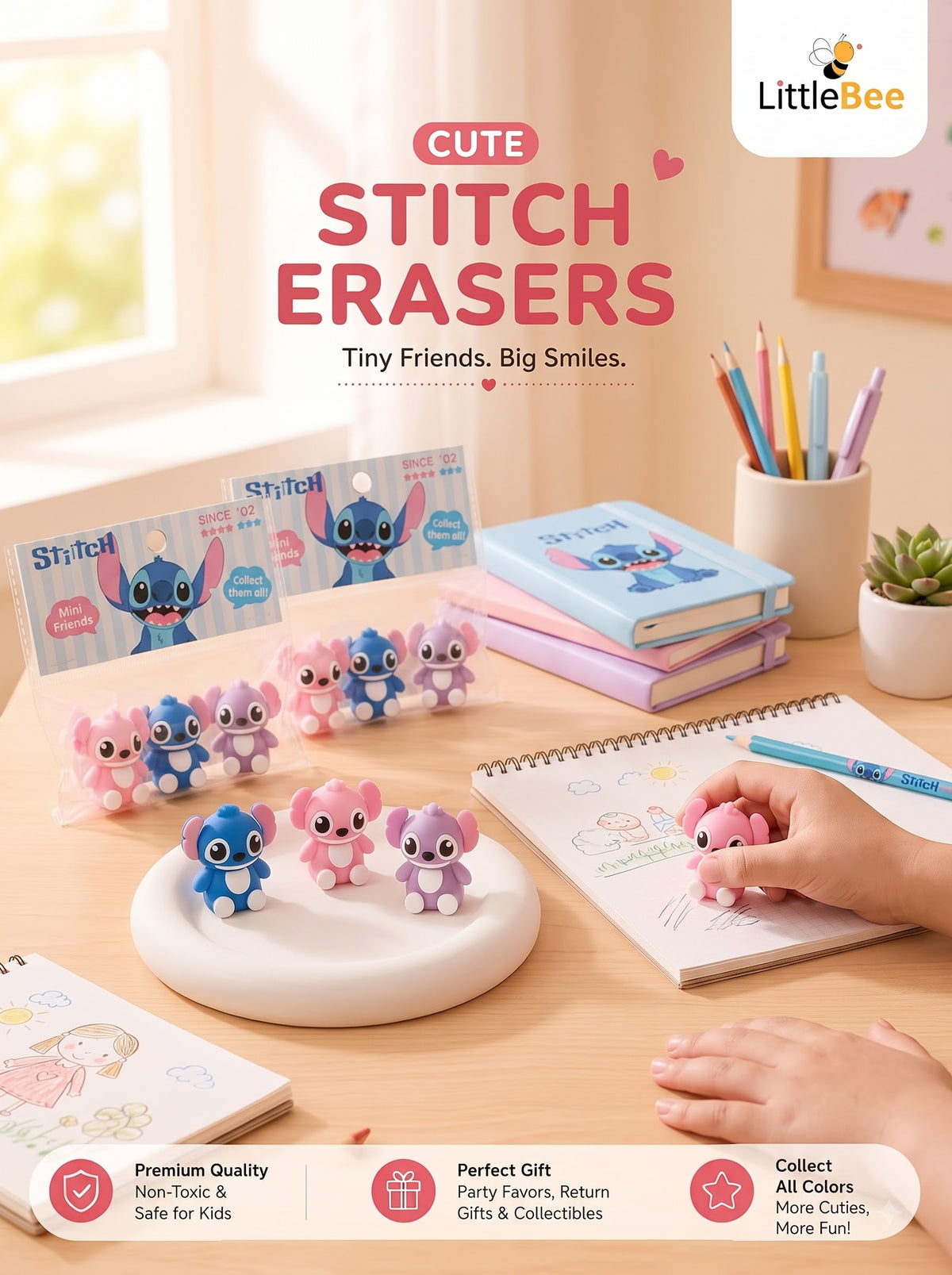 Stitch Erasers & Pencil Topper Set | LittleBee