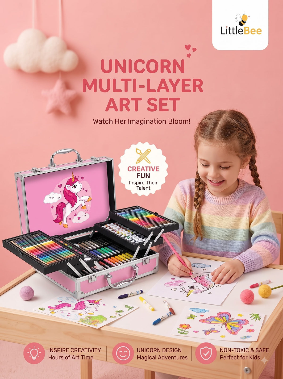Unicorn Multi-Layer Art Set for Kids | Complete Drawing & Coloring Kit with Art Supplies | Littlebee