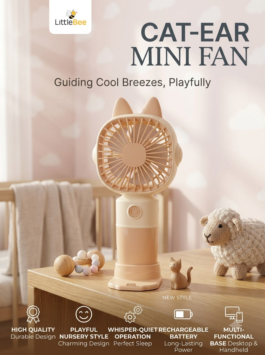 Cat Ear Rechargeable Mini Fan – Portable Handheld & Desktop USB Fan with Phone Stand | LittleBee