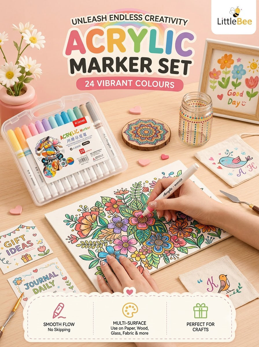 24 Color Acrylic Marker Set | Water-Based Paint Pens for Art | LittleBee