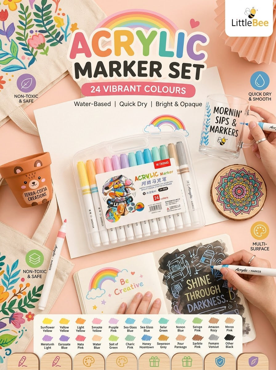 24 Color Acrylic Marker Set | Water-Based Paint Pens for Art | LittleBee