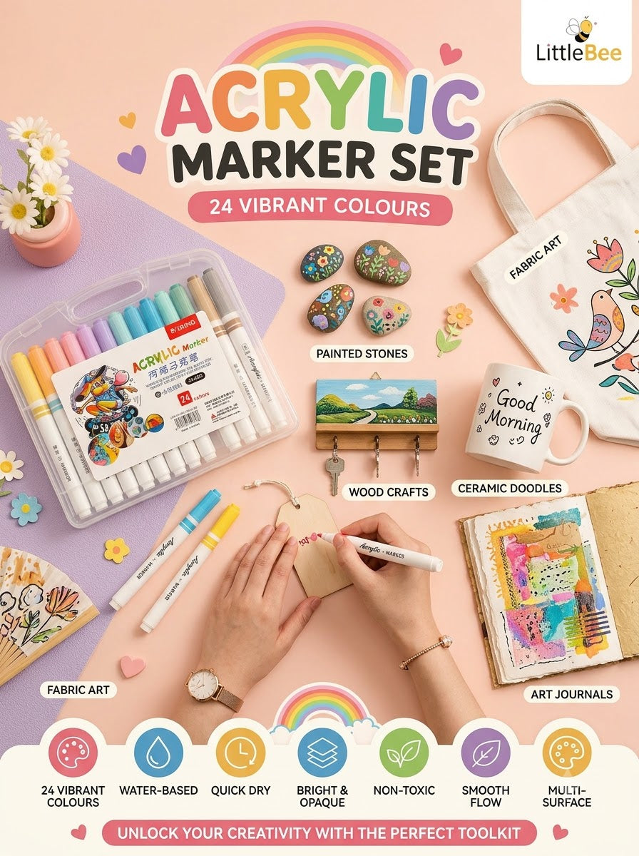 24 Color Acrylic Marker Set | Water-Based Paint Pens for Art | LittleBee