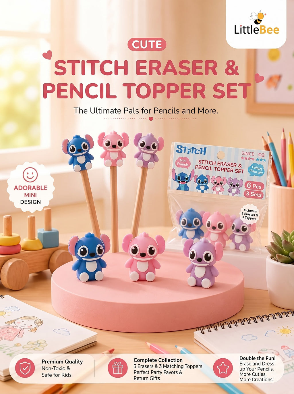 Stitch Erasers & Pencil Topper Set | LittleBee