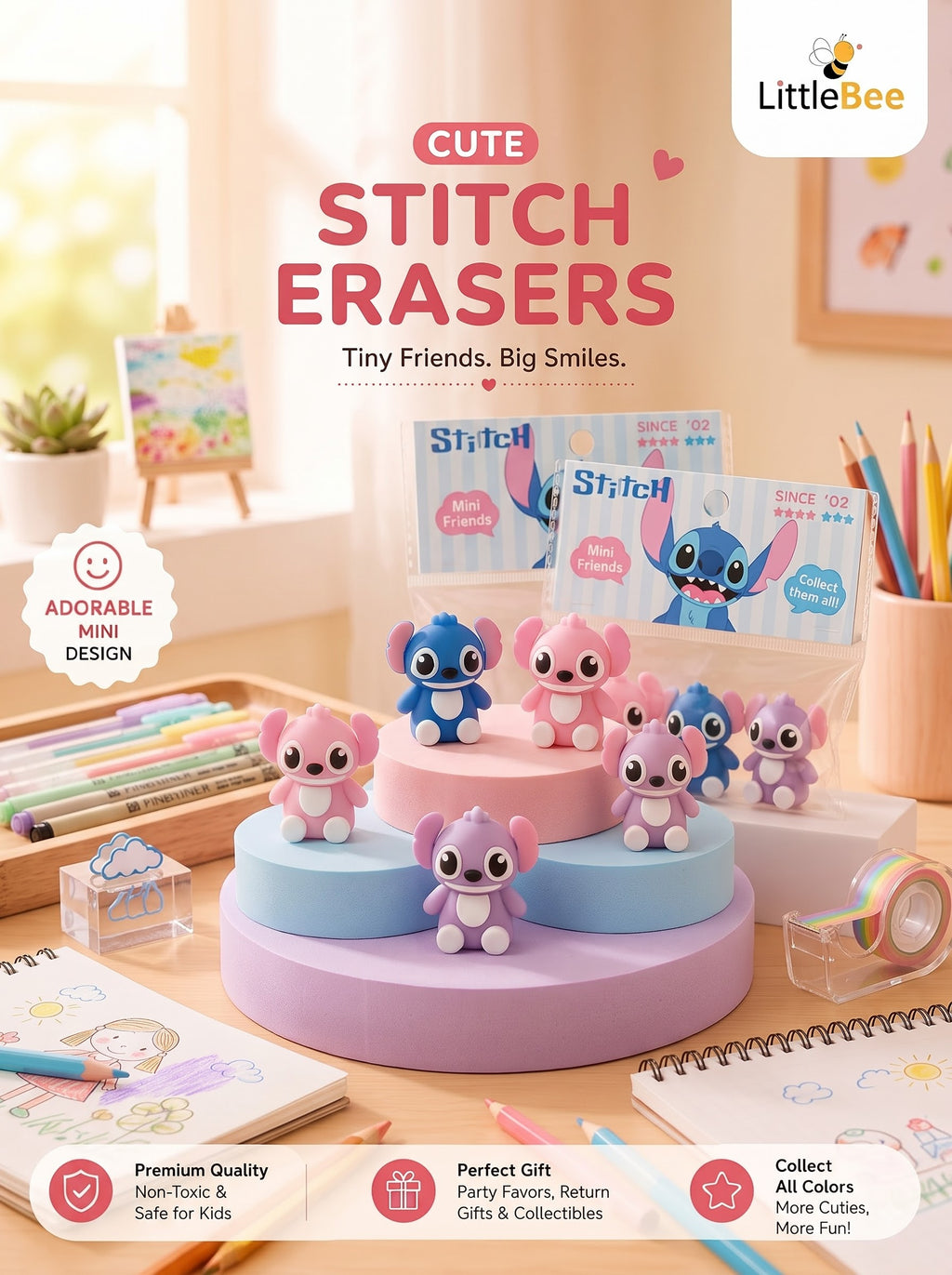 Stitch Erasers & Pencil Topper Set | LittleBee