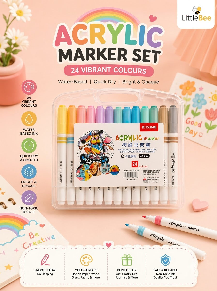 24 Color Acrylic Marker Set | Water-Based Paint Pens for Art | LittleBee